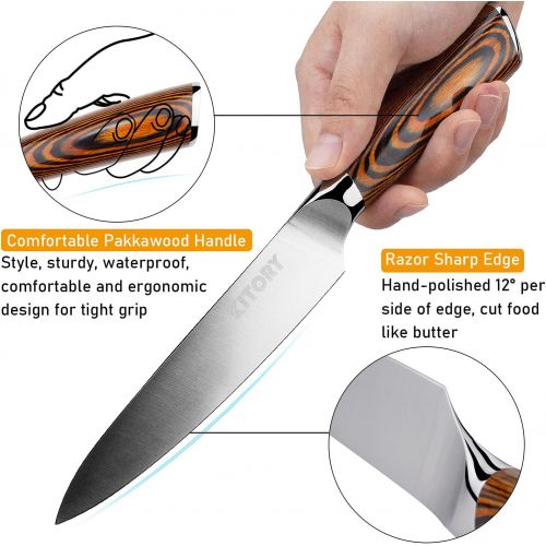  KITORY Kitchen Utility Knife 5 inch Small Chef Knife German High Carbon Stainless Steel Blade Ergonomic Pakkawood Handle, Fruit and Vegetable Paring Cutting Chopping Carving Knives
