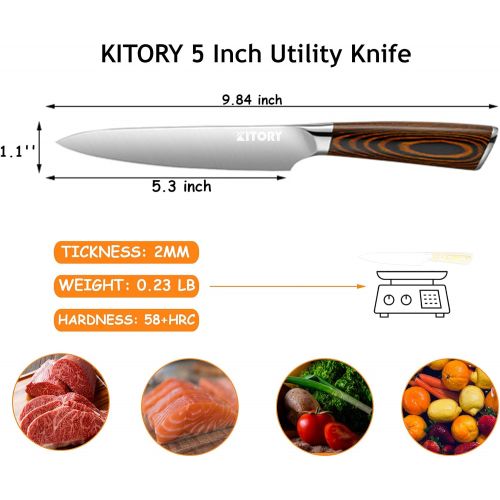  KITORY Kitchen Utility Knife 5 inch Small Chef Knife German High Carbon Stainless Steel Blade Ergonomic Pakkawood Handle, Fruit and Vegetable Paring Cutting Chopping Carving Knives