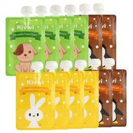 [아마존베스트]Kivwi Baby, Kid, Toddler Reusable Food Storage Pouches, Dishwasher, Freezer Safe, 12 Packs 7oz Squeezable Pouches with A Filling Funnel and 2 Extra Caps Included, 3 Cute Animal Des