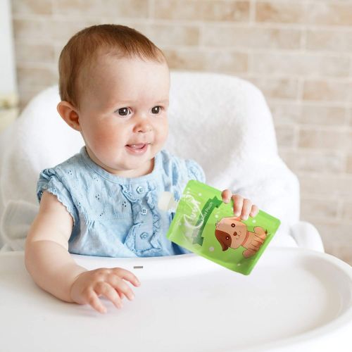  [아마존베스트]Kivwi Baby, Kid, Toddler Reusable Food Storage Pouches, Dishwasher, Freezer Safe, 12 Packs 7oz Squeezable Pouches with A Filling Funnel and 2 Extra Caps Included, 3 Cute Animal Des