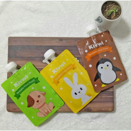  [아마존베스트]Kivwi Baby, Kid, Toddler Reusable Food Storage Pouches, Dishwasher, Freezer Safe, 12 Packs 7oz Squeezable Pouches with A Filling Funnel and 2 Extra Caps Included, 3 Cute Animal Des