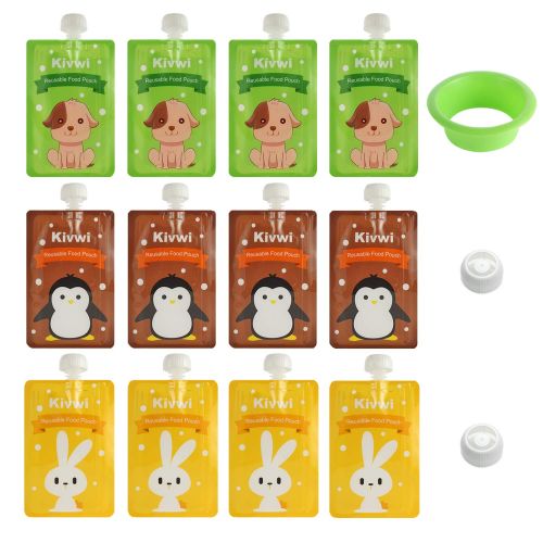  [아마존베스트]Kivwi Baby, Kid, Toddler Reusable Food Storage Pouches, Dishwasher, Freezer Safe, 12 Packs 7oz Squeezable Pouches with A Filling Funnel and 2 Extra Caps Included, 3 Cute Animal Des