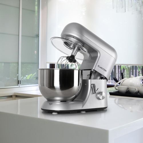  Klarstein Bella Argentea Komplettset Kuechenmaschine + Zusatzschuessel (1200 Watt Leistung, 6 Geschwindigkeiten, 5,2 Liter Edelstahl-Schuessel, Ruehr- und Knethaken, Schneebesen) silbe