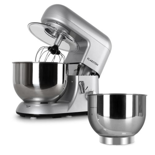  Klarstein Bella Argentea Komplettset Kuechenmaschine + Zusatzschuessel (1200 Watt Leistung, 6 Geschwindigkeiten, 5,2 Liter Edelstahl-Schuessel, Ruehr- und Knethaken, Schneebesen) silbe