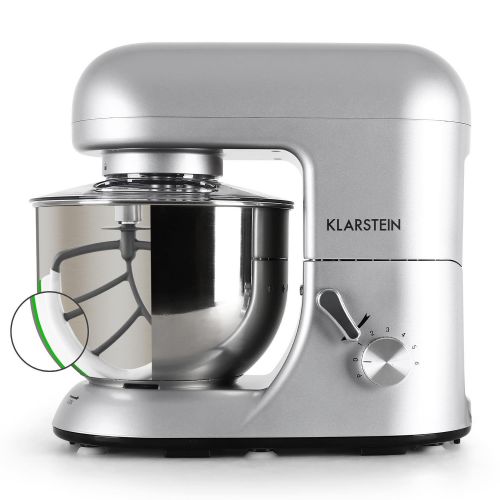  Klarstein Bella Argentea Komplettset Kuechenmaschine + Zusatzschuessel (1200 Watt Leistung, 6 Geschwindigkeiten, 5,2 Liter Edelstahl-Schuessel, Ruehr- und Knethaken, Schneebesen) silbe