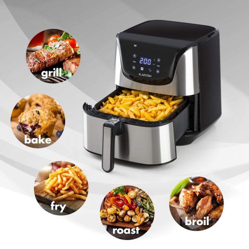  Klarstein Aero Vital deluxe  Hot air fryer  1700 Watt  5.4 litre volume  LCD touch display  8 pre-installed programs  Stainless steel  Thermostat  Timer  Economical  Silv