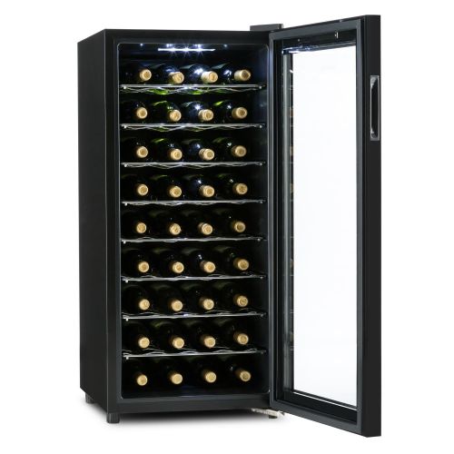 Klarstein Vivo Vino - Weinkuehlschrank, Getrankekuehlschrank, Gastrokuehlschrank, 118 Liter, 36 Flaschen, 120W, niedriges Betriebsgerausch, 10° - 18°C, LED-Lampe, Glastuer, schwarz