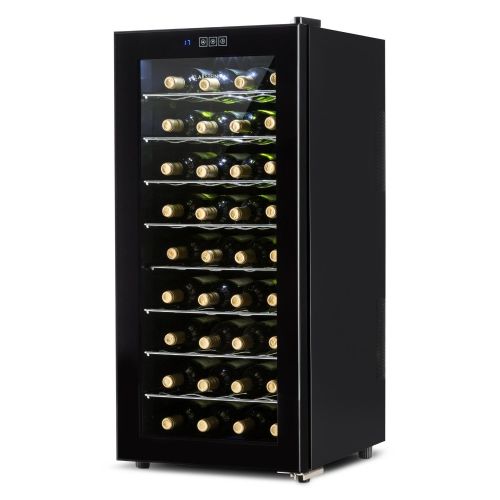  Klarstein Vivo Vino - Weinkuehlschrank, Getrankekuehlschrank, Gastrokuehlschrank, 118 Liter, 36 Flaschen, 120W, niedriges Betriebsgerausch, 10° - 18°C, LED-Lampe, Glastuer, schwarz