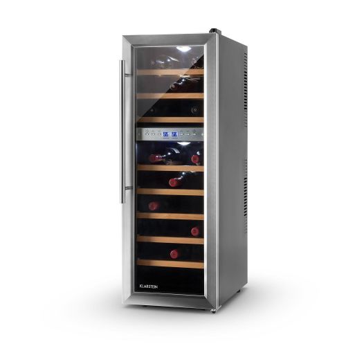  Klarstein Reserva 27D  Weinkuehlschrank  Getraenkekuehlschrank  76 L  27 Flaschen  2 Zonen  8 Holzeinschuebe  sehr leise  verstellbare Standfuesse  freistehend  schwarz-silber