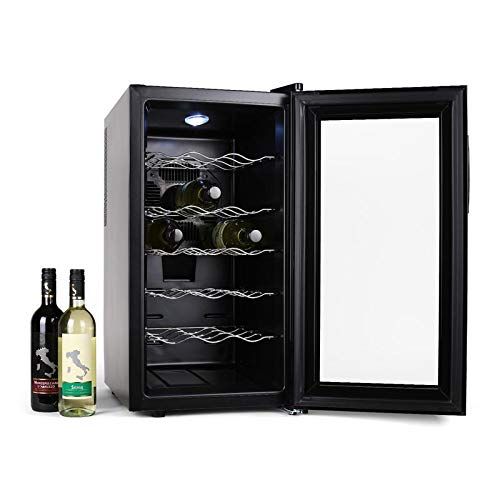  Klarstein Vivo Vino Weinkuehlschrank Getrankekuehlschrank (52 Liter, 18 Flaschen, 5 Regaleinschuebe, niedriges Betriebsgerausch, 11-18°C Temperatur, LED Innenbeleuchtung, Touch) schwa