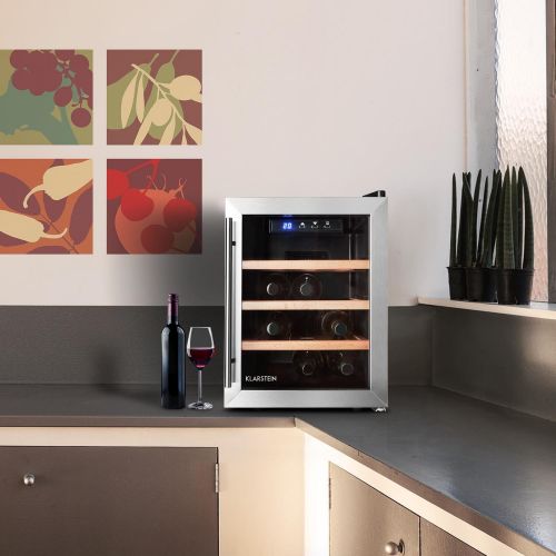  Klarstein Reserva 12 Uno - Weinkuehlschrank, 33 Liter, 12 Weinflaschen, 3 x Holz-Regaleinschub, doppelt isolierte Glastuer, LED-Innenraumbeleuchtung, silber