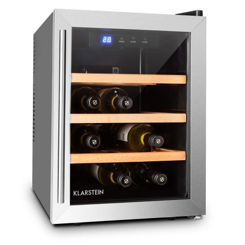  Klarstein Reserva 12 Uno - Weinkuehlschrank, 33 Liter, 12 Weinflaschen, 3 x Holz-Regaleinschub, doppelt isolierte Glastuer, LED-Innenraumbeleuchtung, silber