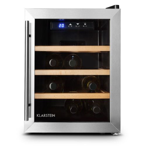  Klarstein Reserva 12 Uno - Weinkuehlschrank, 33 Liter, 12 Weinflaschen, 3 x Holz-Regaleinschub, doppelt isolierte Glastuer, LED-Innenraumbeleuchtung, silber