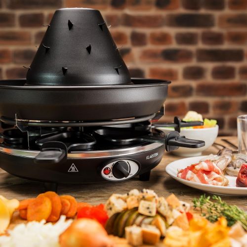  Klarstein Taste Volcano - Raclette, Tischgrill, Elektrogrill, Tartarenhut, 1500 Watt, stufenlos regelbar, Grillen, UEberbacken, Grillpfannchen, fuer 6 Personen, Antihaftbeschichtung,