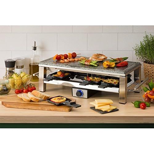  Klarstein Schmelzlette - Raclette, Tischgrill, Partygrill, Leistung: 1500 W, mit 8 Pfannen und Holzspatel, Antihaftbeschichtung, kratzfeste Naturstein-Platte, stufenloses Thermosta