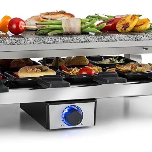  Klarstein Schmelzlette - Raclette, Tischgrill, Partygrill, Leistung: 1500 W, mit 8 Pfannen und Holzspatel, Antihaftbeschichtung, kratzfeste Naturstein-Platte, stufenloses Thermosta