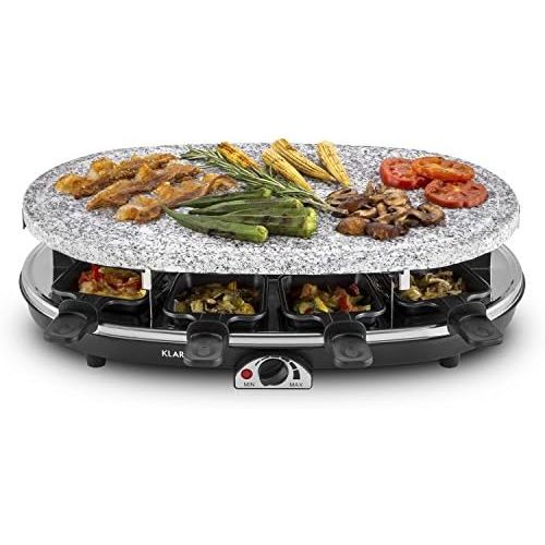  Klarstein Steaklette Raclette-Grill - Tischgrill, Partygrill, Leistung: 1500 Watt, stufenlos regulierbare Temperatur, Natursteinplatte aus Granit, inkl. 8 Pfannchen, schwarz-Silber