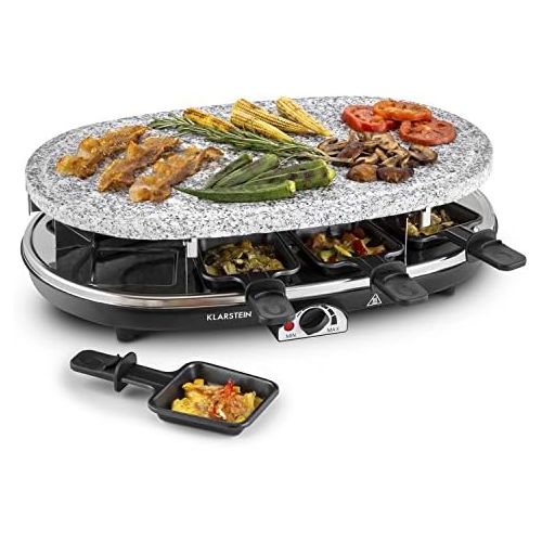  Klarstein Steaklette Raclette-Grill - Tischgrill, Partygrill, Leistung: 1500 Watt, stufenlos regulierbare Temperatur, Natursteinplatte aus Granit, inkl. 8 Pfannchen, schwarz-Silber