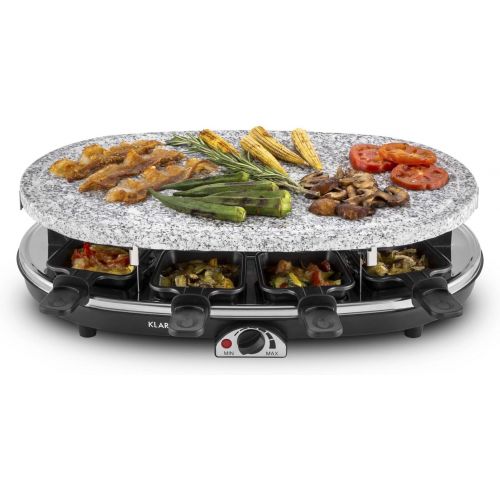  Klarstein Steaklette Raclette-Grill - Tischgrill, Partygrill, Leistung: 1500 Watt, stufenlos regulierbare Temperatur, Natursteinplatte aus Granit, inkl. 8 Pfannchen, schwarz-Silber