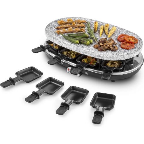  Klarstein Steaklette Raclette-Grill - Tischgrill, Partygrill, Leistung: 1500 Watt, stufenlos regulierbare Temperatur, Natursteinplatte aus Granit, inkl. 8 Pfannchen, schwarz-Silber