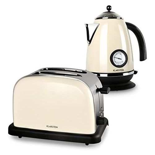  Klarstein Aqua Vita Retro Breakfast Set Kettle Toaster (Kettle, 1.7Litre, 2200Watt, 2Slice Toaster, 1000Watt, De-Icing and Warming Function, Stainless SteelCream