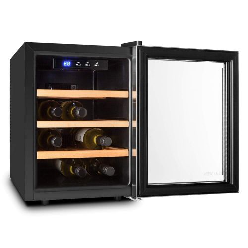  Klarstein Reserva 12 Uno  Weinkuehlschrank  33 Liter  12 Weinflaschen  3 x Holz-Regaleinschub  doppelt isolierte Glastuer  LED-Innenraumbeleuchtung  silber