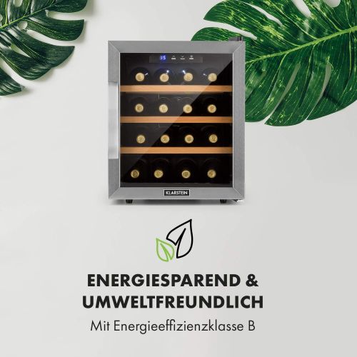  Klarstein Reserva 16 Weinkuehlschrank  Thermoelektrischer Getrankekuehlschrank  Energieeffizienzklasse B  34 dB  1 Zone  48 L  16 Flaschen  11-18 °C  Glasfront mit Edelstahlr