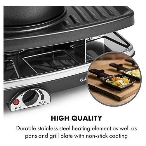  Klarstein Entrecote Raclette - Fondue, Tischgrill, Partygrill, 1100 Watt, 8 Pfannchen, Antihaftbeschichtung, 1 x Fondue Topf, inkl. 6 Fonduegabeln, 1 x Natursteinplatte, schwarz-si