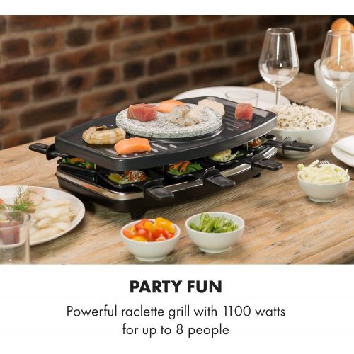  Klarstein Entrecote Raclette - Fondue, Tischgrill, Partygrill, 1100 Watt, 8 Pfannchen, Antihaftbeschichtung, 1 x Fondue Topf, inkl. 6 Fonduegabeln, 1 x Natursteinplatte, schwarz-si