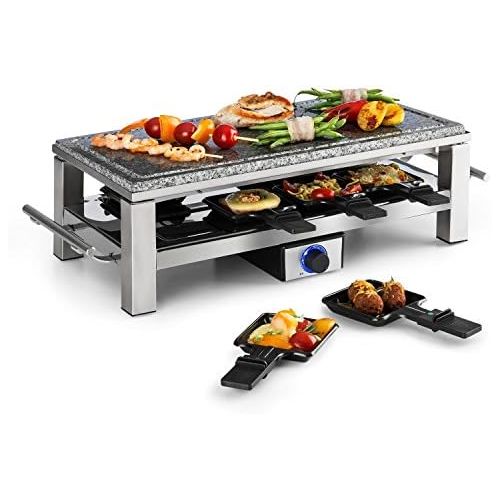  Klarstein Schmelzlette - Raclette, Tischgrill, Partygrill, Leistung: 1500 W, mit 8 Pfannen und Holzspatel, Antihaftbeschichtung, kratzfeste Naturstein-Platte, stufenloses Thermosta