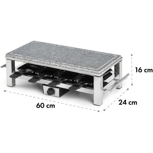  Klarstein Schmelzlette - Raclette, Tischgrill, Partygrill, Leistung: 1500 W, mit 8 Pfannen und Holzspatel, Antihaftbeschichtung, kratzfeste Naturstein-Platte, stufenloses Thermosta