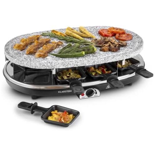  Klarstein All-U-Can Steaklette Raclette - Tischgrill, Partygrill, 1500 Watt, Natursteinplatte aus Granit, 1 x Pancakeplatte, 1 x Crepes-Platte, 8 Pfannchen, schwarz-Silber