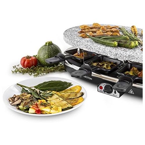  Klarstein All-U-Can Steaklette Raclette - Tischgrill, Partygrill, 1500 Watt, Natursteinplatte aus Granit, 1 x Pancakeplatte, 1 x Crepes-Platte, 8 Pfannchen, schwarz-Silber