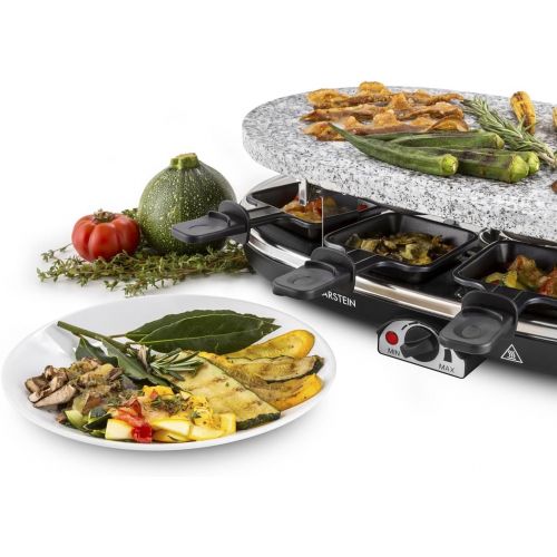  Klarstein All-U-Can Steaklette Raclette - Tischgrill, Partygrill, 1500 Watt, Natursteinplatte aus Granit, 1 x Pancakeplatte, 1 x Crepes-Platte, 8 Pfannchen, schwarz-Silber