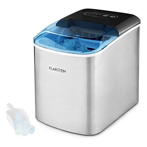  Klarstein On-The-Rocks - Eismaschine, Eiswuerfelbereiter, Eiswuerfelmaschine, 12 kg / 24 h, 120W, 2 Wuerfelgroessen, 6-12 min, 2,1 Liter Wassertank, Selbstreinigungsprogramm, Edelstahl,