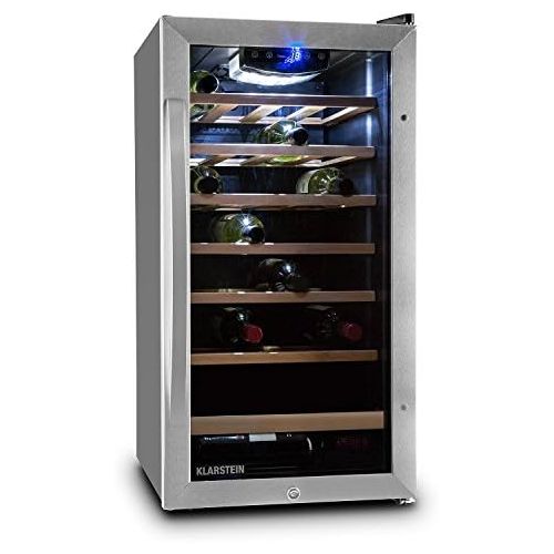  KLARSTEIN Klarstein Vivo Vino 26 - freistehender Weinkuehlschrank mit Edelstahl-Glastuer, kompakter Weinkuehler, 88 Liter Fassungsvermoegen, 26 Flaschen, Temperatur: 5 bis 18°C, Beleuchtung, sch