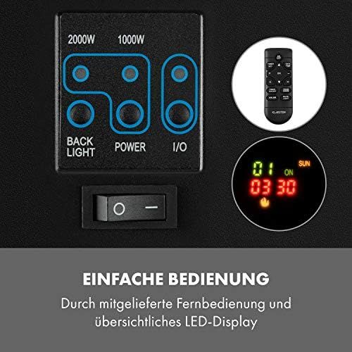  KLARSTEIN Basel - elektrischer Kamin, Thermostat, Flammeneffekt, 1000 W oder 2000 W, Wochentimer, Adaptive Startsteuerung, Fernbedienung, Stand- oder Wandmontage, Edelstahl & Glas,