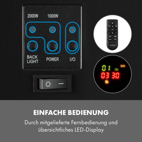  KLARSTEIN Basel - elektrischer Kamin, Thermostat, Flammeneffekt, 1000 W oder 2000 W, Wochentimer, Adaptive Startsteuerung, Fernbedienung, Stand- oder Wandmontage, Edelstahl & Glas,