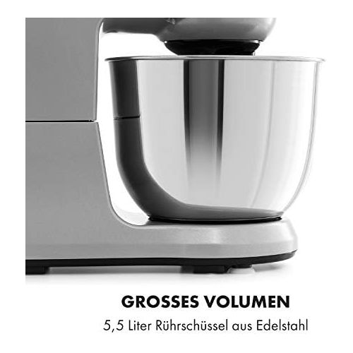  Klarstein Bella Robusta Metal - Kuechenmaschine, Druckgussgehause, 5,5 Liter Edelstahlschuessel, Pulsfunktion, 1.200 Watt in 6 Leistungsstufen, Ruehr- & Knethaken, Schneebesen, Spritz