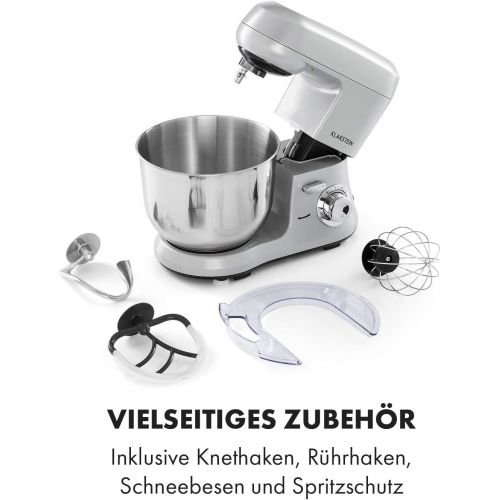  Klarstein Bella Robusta Metal - Kuechenmaschine, Druckgussgehause, 5,5 Liter Edelstahlschuessel, Pulsfunktion, 1.200 Watt in 6 Leistungsstufen, Ruehr- & Knethaken, Schneebesen, Spritz