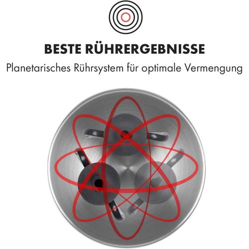  Klarstein Bella Robusta Metal - Kuechenmaschine, Druckgussgehause, 5,5 Liter Edelstahlschuessel, Pulsfunktion, 1.200 Watt in 6 Leistungsstufen, Ruehr- & Knethaken, Schneebesen, Spritz