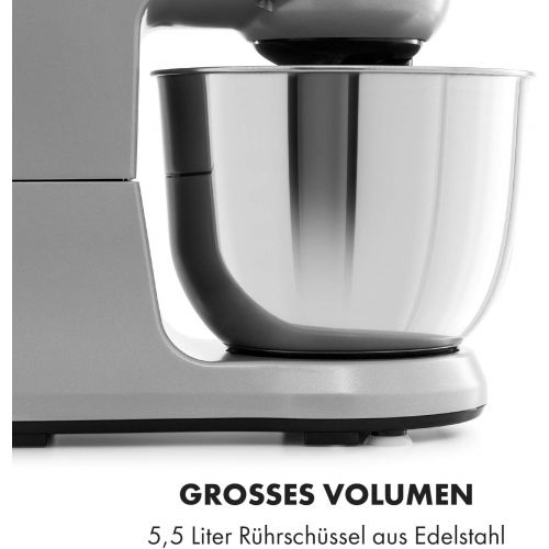  Klarstein Bella Robusta Metal - Kuechenmaschine, Druckgussgehause, 5,5 Liter Edelstahlschuessel, Pulsfunktion, 1.200 Watt in 6 Leistungsstufen, Ruehr- & Knethaken, Schneebesen, Spritz