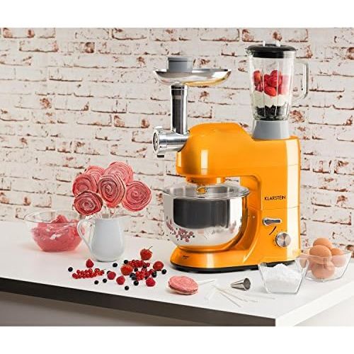  [아마존베스트]Klarstein Lucia Orangina Universal Food Processor Mixer, 1300 W, 5 Litres, Planetary Mixing System, Meat Mincer, Mixing Cup, 6 Speed Speed, Stainless Steel Bowl, Orange