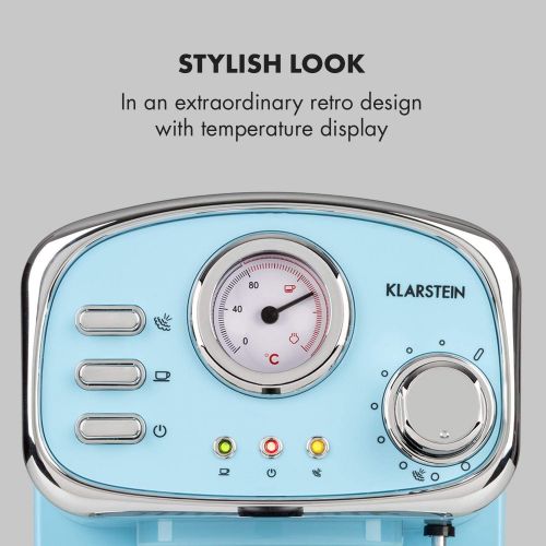  [아마존베스트]Klarstein Espressionata Gusto Espresso Machine, 1100 Watt, 15 Bar Pressure, Volume Water Tank: 1 Litre, Removable Stainless Steel Drip Grid, Dishwasher Safe Drip Tray, Pastel Blue