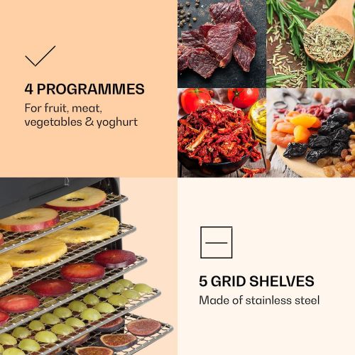  [아마존베스트]Klarstein Florida Jerky 500 W Infi Red LCD Display 4 Programmes for Fruit, Meat, Vegetables and Yoghurt Includes 5 Stainless Steel Mesh Trays Air Filtering Black