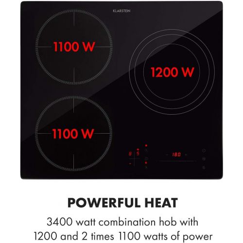  [아마존베스트]Klarstein TrinityCook Hybrid Combination Hob Induction Ceramic Hob Freestanding 3400 Watt Touch Control 3 Cooking Zones Timer 9 Levels 60 to 240 °C Overheat Protection Black