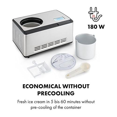  [아마존베스트]Klarstein Dolce Bacio Ice Cream Maker Compression Ice Cream Machine Also for Sorbet, Frozen Yogurt (2 Litres, 180 Watt, Timer, LCD Display, Touch, Cooling Function, Stainless Steel