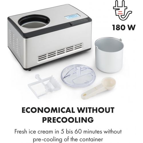  [아마존베스트]Klarstein Dolce Bacio Ice Cream Maker Compression Ice Cream Machine Also for Sorbet, Frozen Yogurt (2 Litres, 180 Watt, Timer, LCD Display, Touch, Cooling Function, Stainless Steel