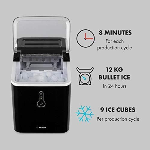  [아마존베스트]Klarstein Chillout Ice Cube Maker 12 kg Ice per Day Production Cycle 8 min Water Tank 1.5 L Ice Maker without Water Connection with Ice Scoop Icemaker Mini Bar Black