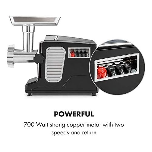  [아마존베스트]Klarstein Powerprotz electric meat grinder, power: 700 watts, blocking power: 1800 watts, copper motor, 2 speeds and return, aluminium shell, stainless steel blade, black/silver.